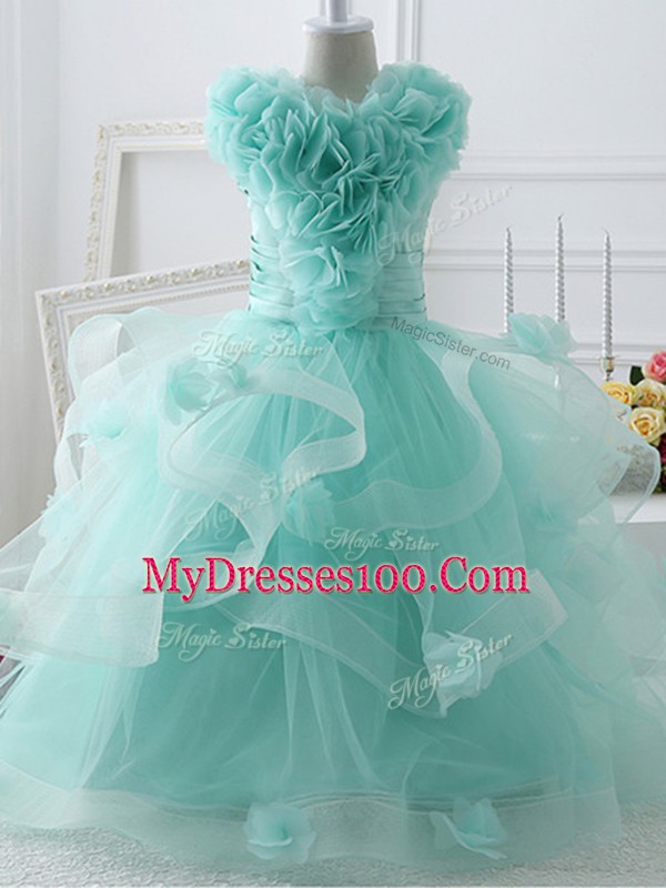 Luxurious Apple Green Little Girls Pageant Gowns Wedding Party with Ruffles and Hand Made Flower High-neck Sleeveless Zipper