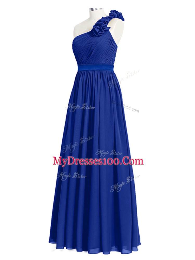 Graceful Sleeveless Floor Length Ruffles and Ruching Zipper Wedding Guest Dresses with Royal Blue