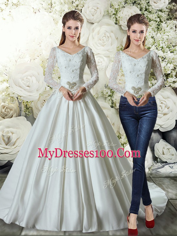 Custom Made White A-line Beading and Appliques Wedding Dress Lace Up Satin Long Sleeves