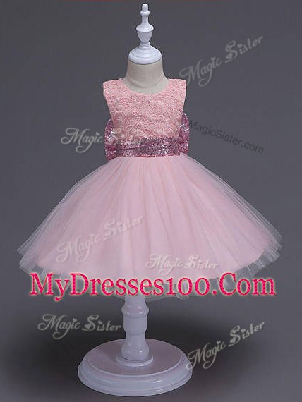 Baby Pink Ball Gowns Scoop Sleeveless Tulle Knee Length Zipper Lace and Bowknot Little Girl Pageant Gowns