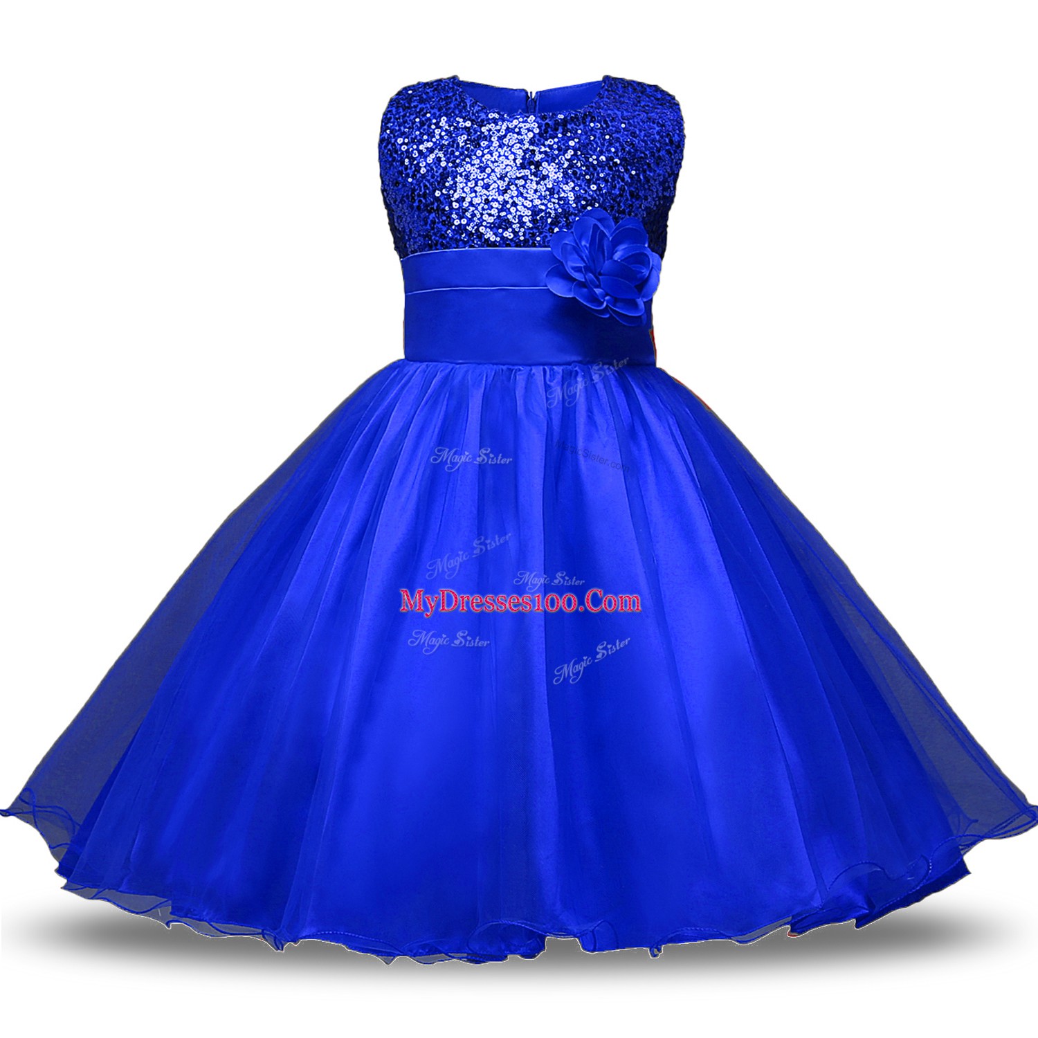Perfect Royal Blue Zipper Flower Girl Dresses for Less Belt and Hand Made Flower Sleeveless Knee Length
