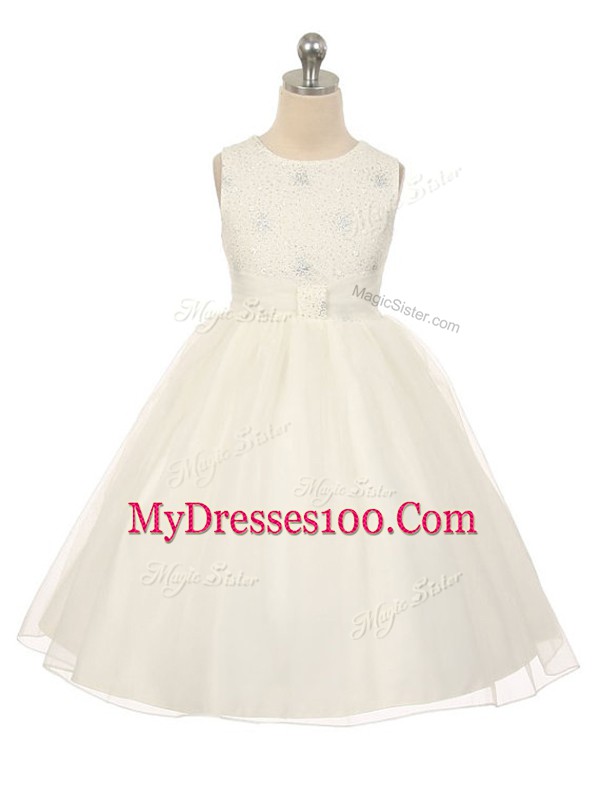White Sleeveless Tulle Lace Up Little Girl Pageant Dress for Wedding Party
