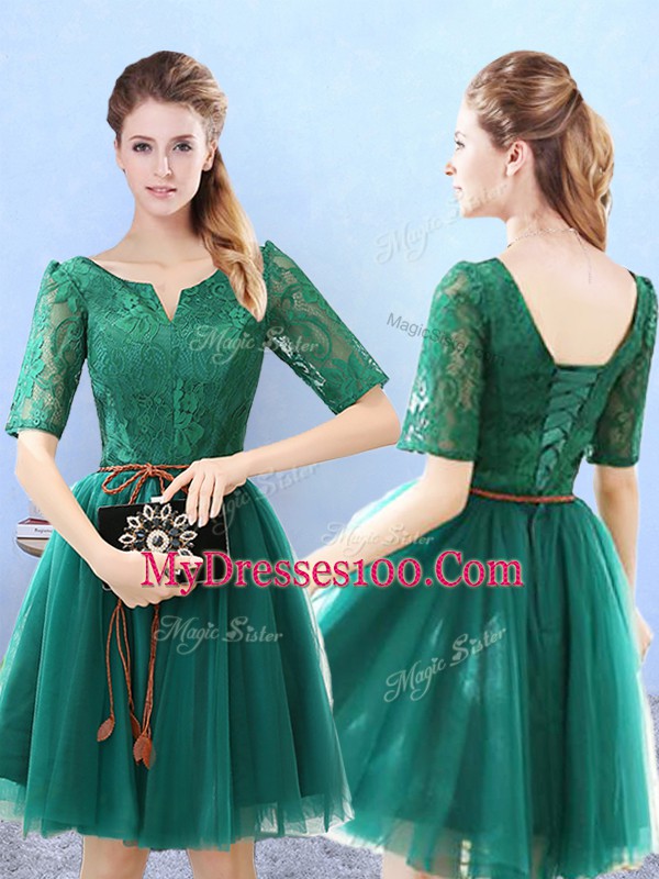 New Style Green Lace Up Bridesmaids Dress Lace Half Sleeves Knee Length
