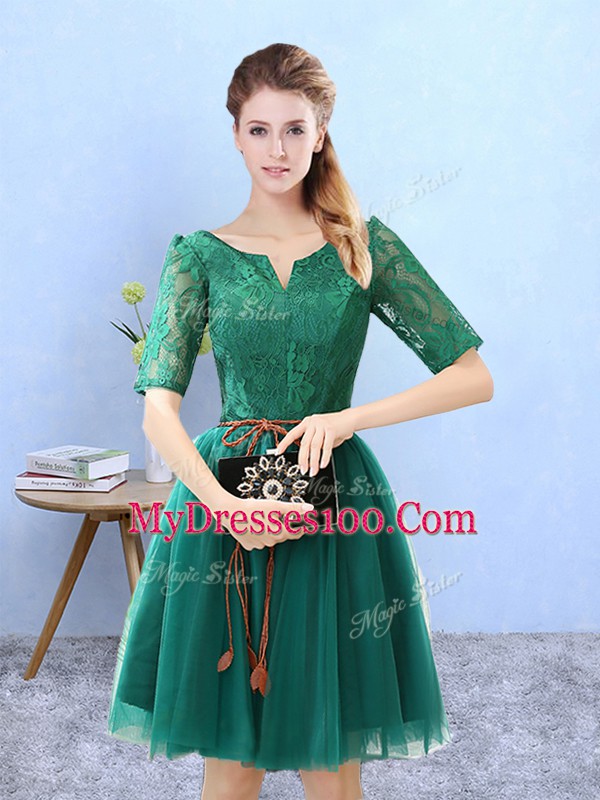 New Style Green Lace Up Bridesmaids Dress Lace Half Sleeves Knee Length