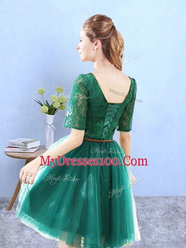 New Style Green Lace Up Bridesmaids Dress Lace Half Sleeves Knee Length