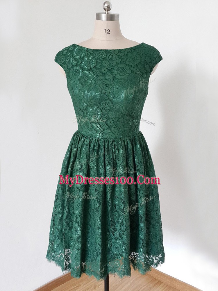 Cute Scoop Cap Sleeves Lace Up Bridesmaid Dresses Dark Green Lace