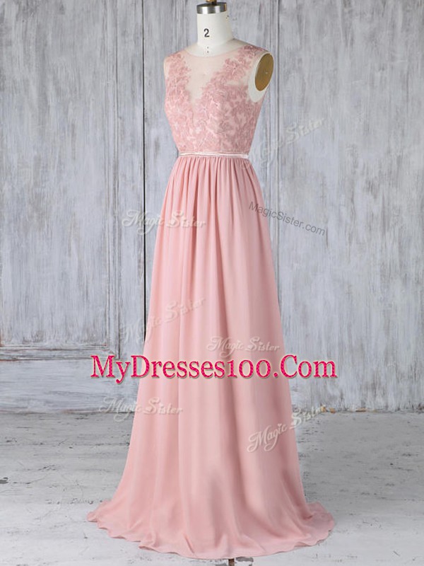 Appliques Wedding Party Dress Pink Backless Sleeveless Sweep Train