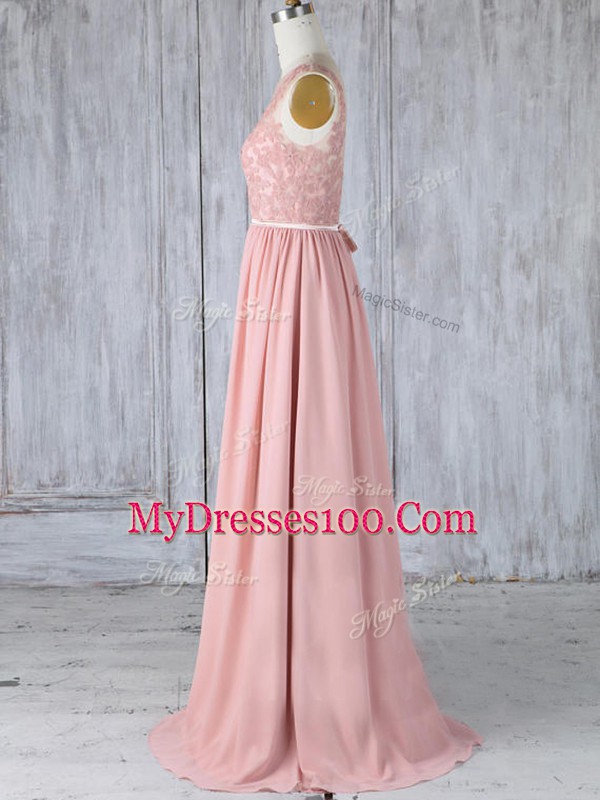 Appliques Wedding Party Dress Pink Backless Sleeveless Sweep Train
