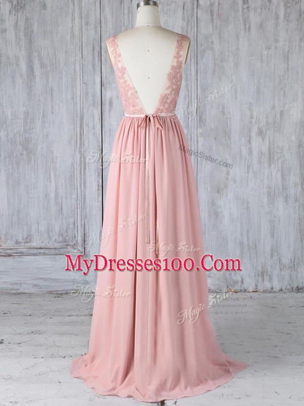 Appliques Wedding Party Dress Pink Backless Sleeveless Sweep Train
