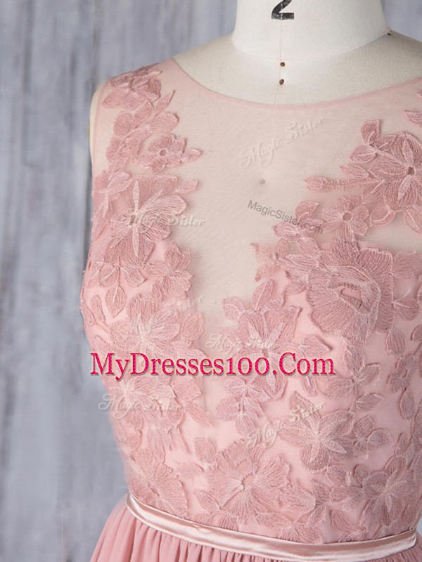 Appliques Wedding Party Dress Pink Backless Sleeveless Sweep Train