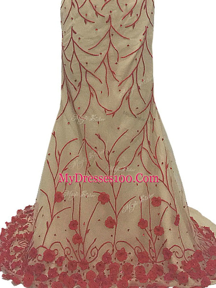 Scoop Sleeveless Homecoming Dress Brush Train Hand Made Flower Champagne Tulle
