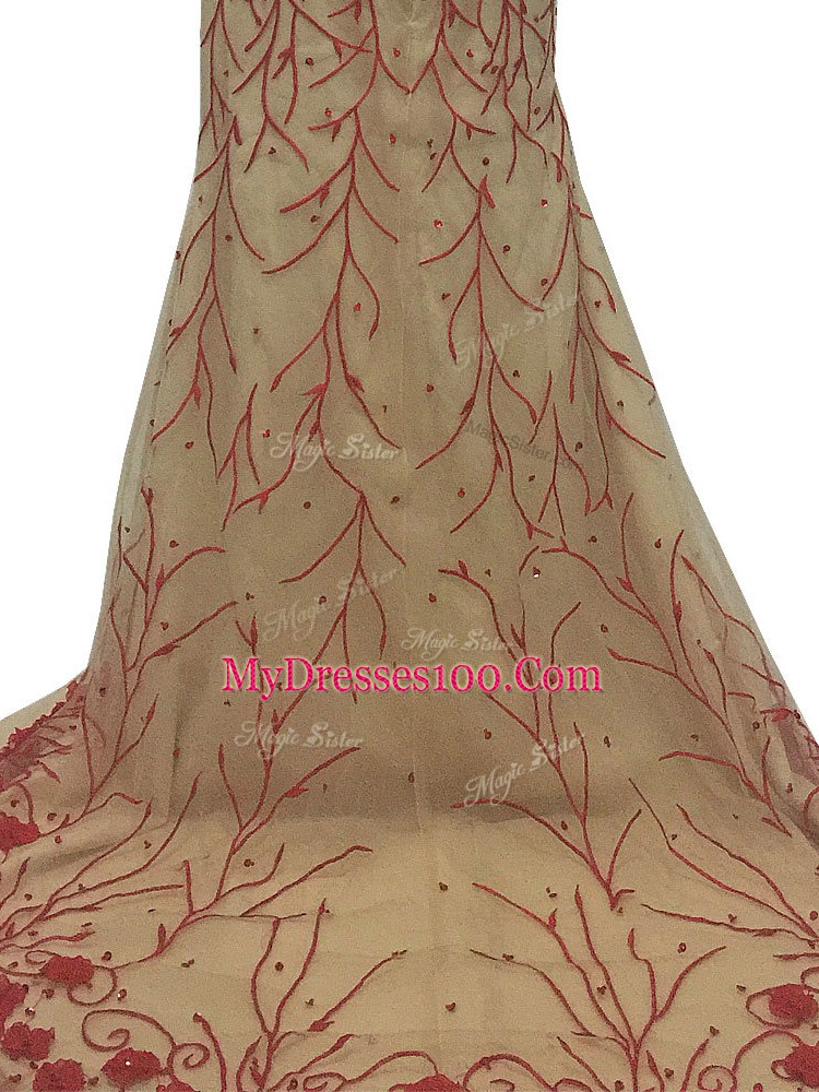 Scoop Sleeveless Homecoming Dress Brush Train Hand Made Flower Champagne Tulle