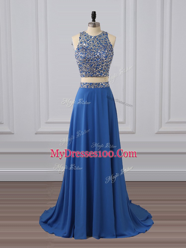 Stunning Blue Two Pieces Beading and Sequins Prom Gown Zipper Chiffon Sleeveless Floor Length