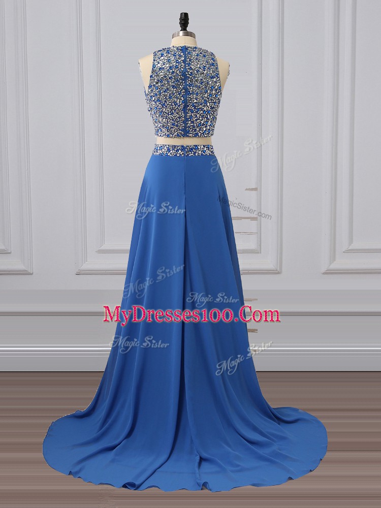 Stunning Blue Two Pieces Beading and Sequins Prom Gown Zipper Chiffon Sleeveless Floor Length