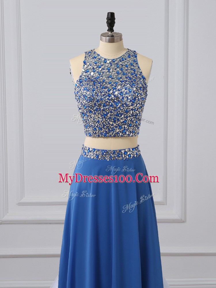 Stunning Blue Two Pieces Beading and Sequins Prom Gown Zipper Chiffon Sleeveless Floor Length