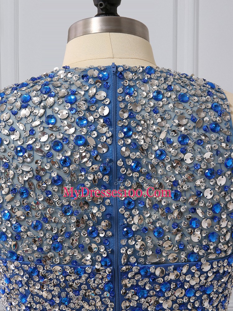 Stunning Blue Two Pieces Beading and Sequins Prom Gown Zipper Chiffon Sleeveless Floor Length