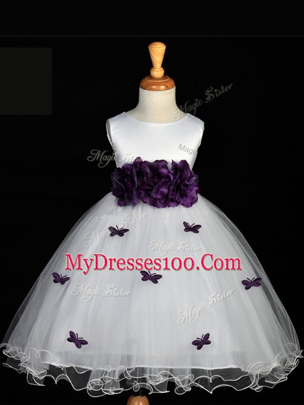 Simple Tulle Scoop Sleeveless Zipper Appliques and Bowknot and Hand Made Flower Kids Pageant Dress in White