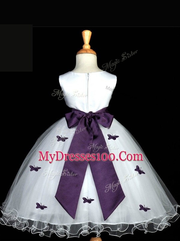 Simple Tulle Scoop Sleeveless Zipper Appliques and Bowknot and Hand Made Flower Kids Pageant Dress in White