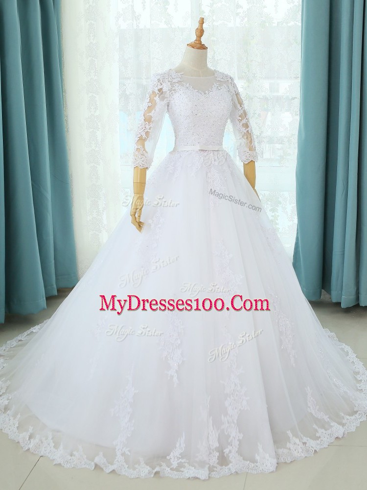 White Ball Gowns Scoop Half Sleeves Tulle Court Train Zipper Lace and Appliques Wedding Gown