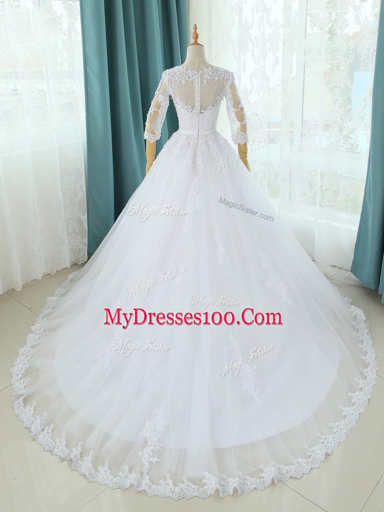White Ball Gowns Scoop Half Sleeves Tulle Court Train Zipper Lace and Appliques Wedding Gown
