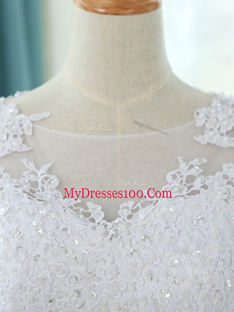 White Ball Gowns Scoop Half Sleeves Tulle Court Train Zipper Lace and Appliques Wedding Gown