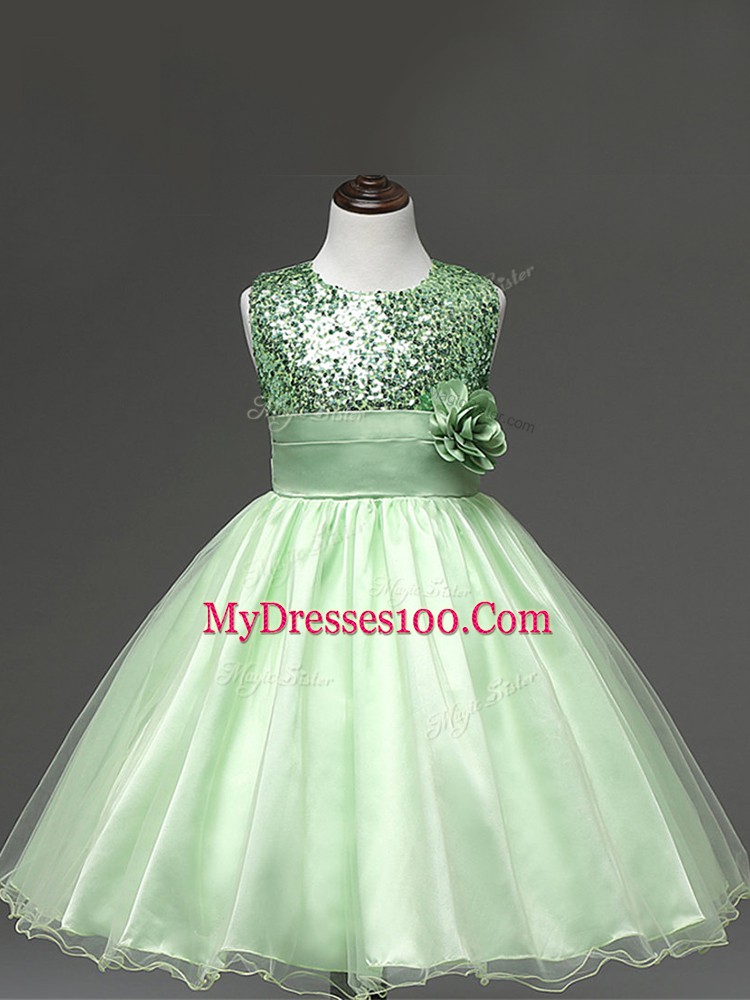 Custom Made Knee Length Apple Green Little Girl Pageant Dress Scoop Sleeveless Zipper