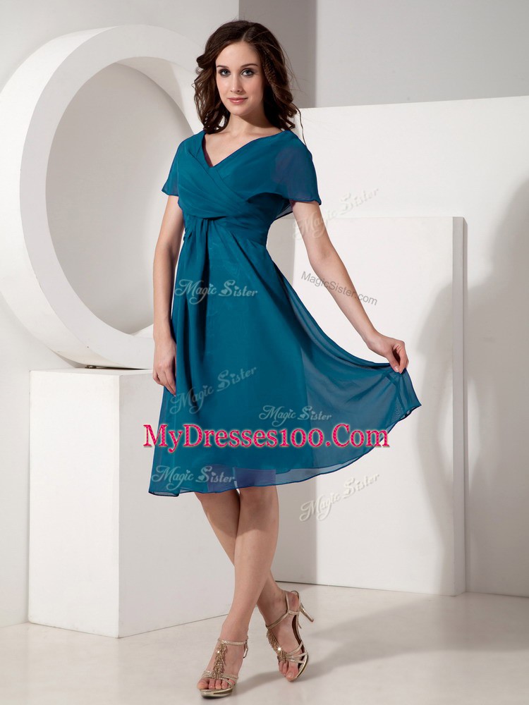 Dynamic Teal Short Sleeves Chiffon Zipper Mother Of The Bride Dress for Prom and Party