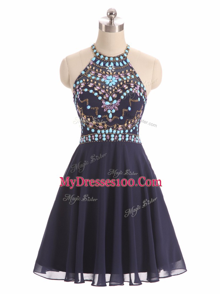 Customized Black Side Zipper Halter Top Beading Chiffon Sleeveless