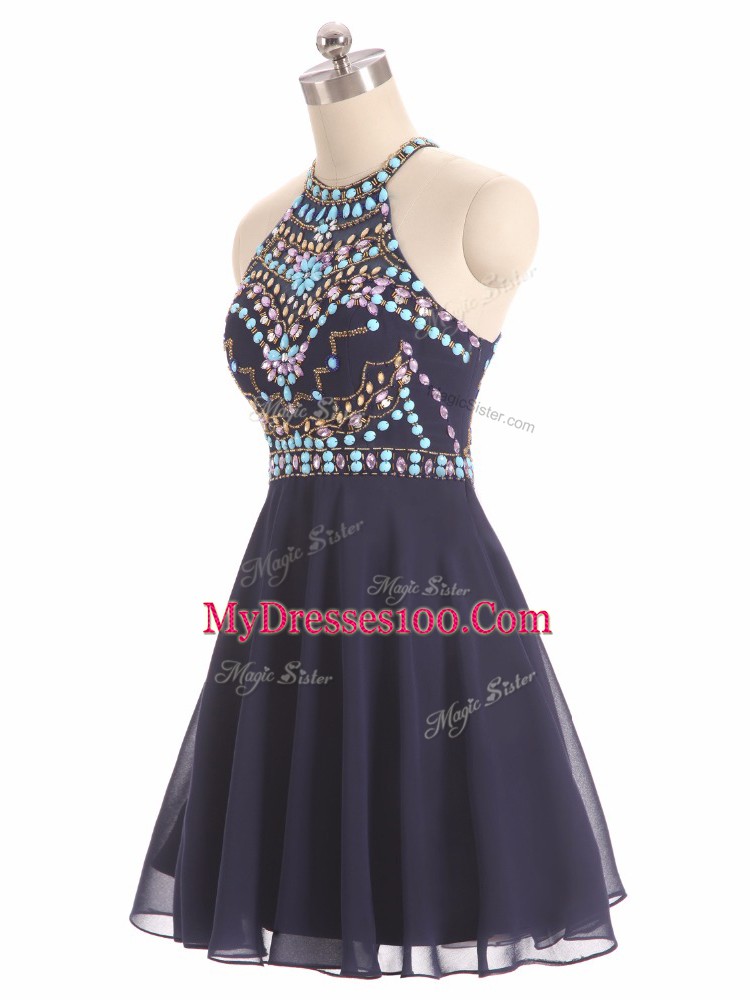 Customized Black Side Zipper Halter Top Beading Chiffon Sleeveless