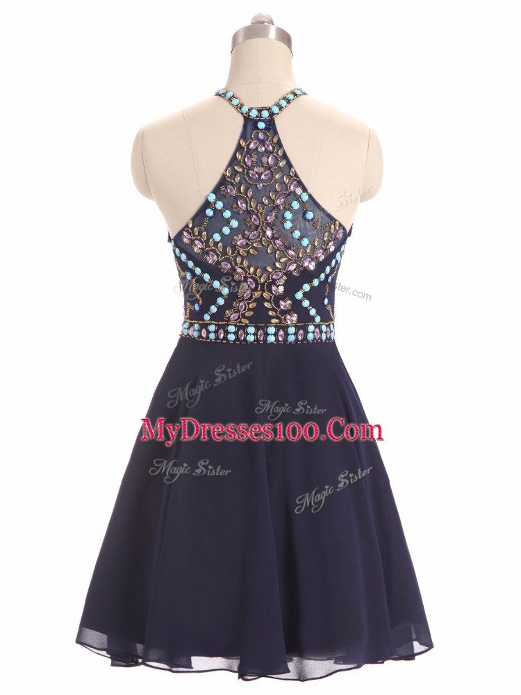 Customized Black Side Zipper Halter Top Beading Chiffon Sleeveless