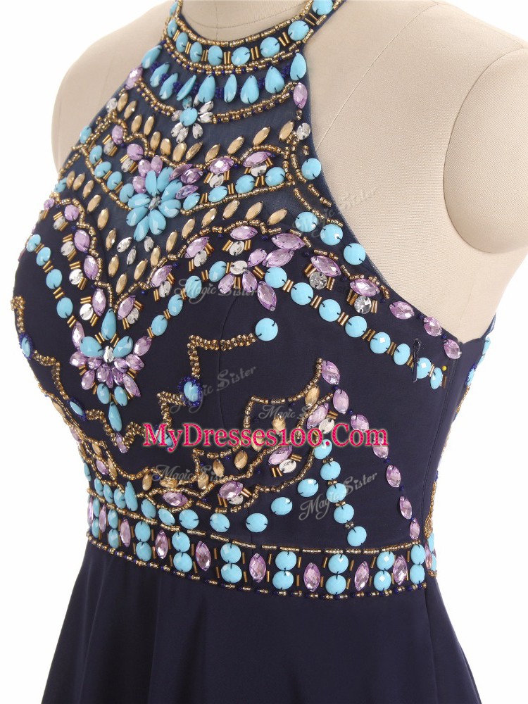 Customized Black Side Zipper Halter Top Beading Chiffon Sleeveless