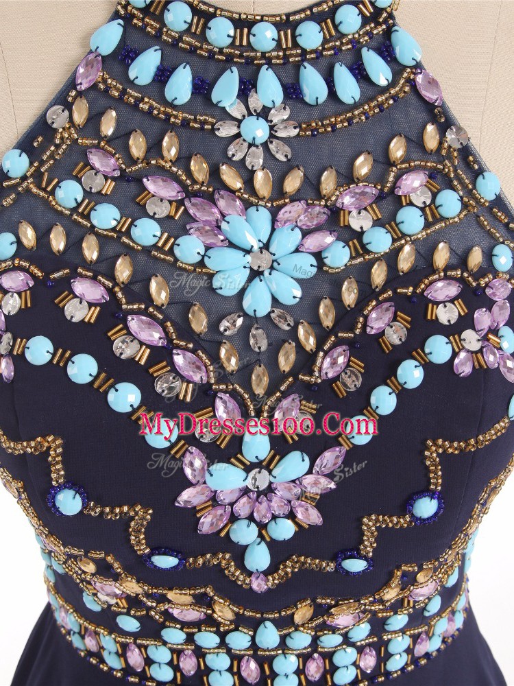 Customized Black Side Zipper Halter Top Beading Chiffon Sleeveless