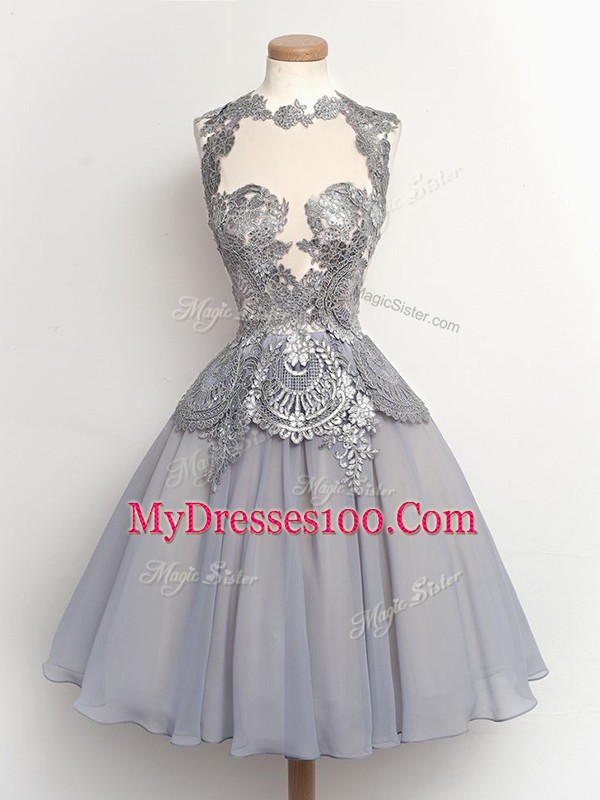 Grey Sleeveless Chiffon Lace Up Wedding Party Dress for Prom and Party and Wedding Party
