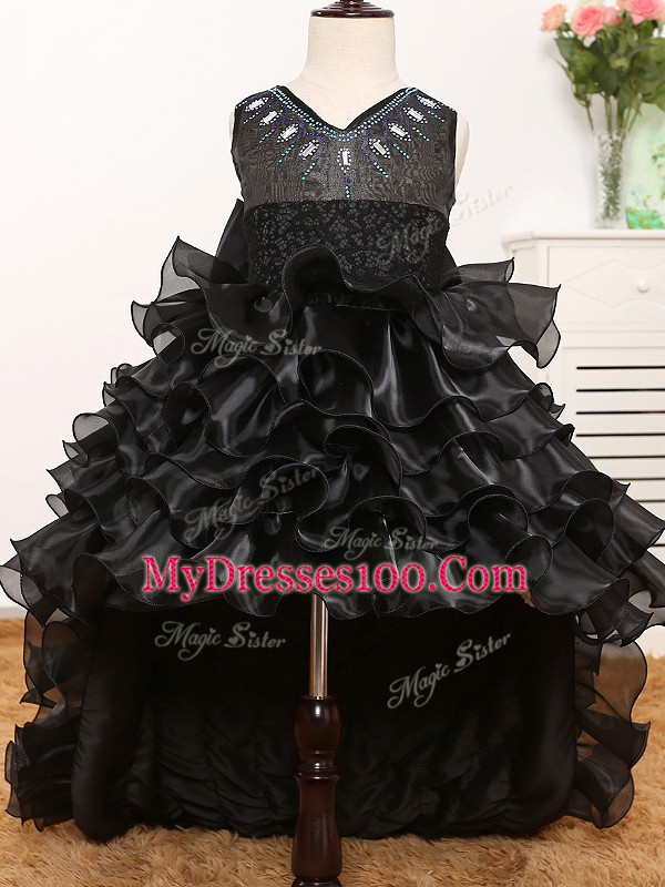 Black Zipper V-neck Beading and Ruffles and Bowknot Kids Pageant Dress Organza Sleeveless