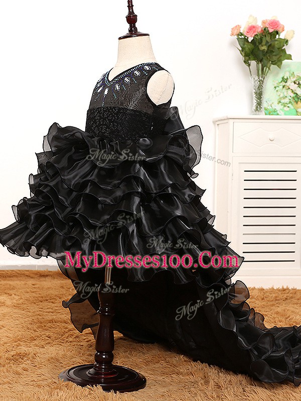 Black Zipper V-neck Beading and Ruffles and Bowknot Kids Pageant Dress Organza Sleeveless