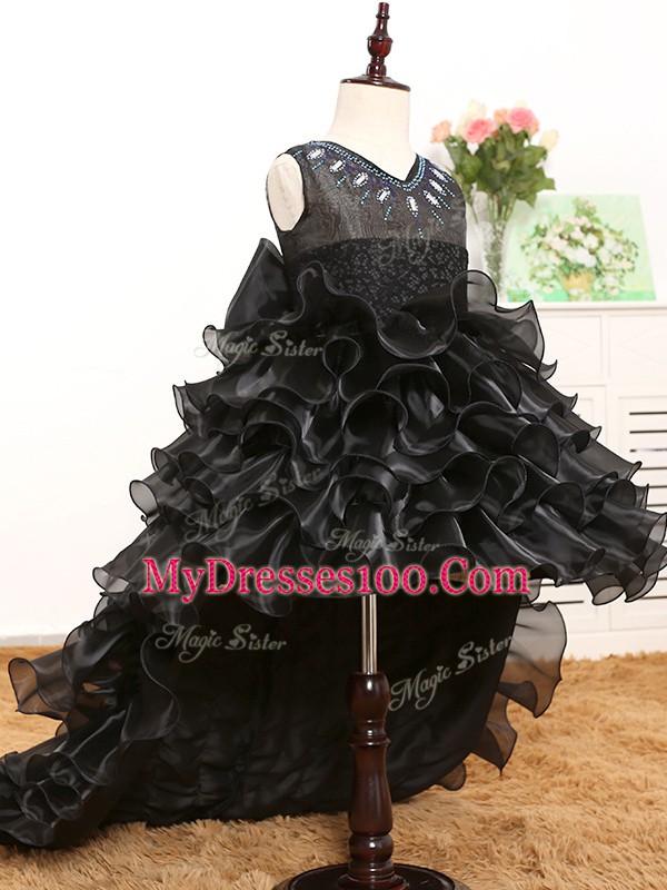 Black Zipper V-neck Beading and Ruffles and Bowknot Kids Pageant Dress Organza Sleeveless