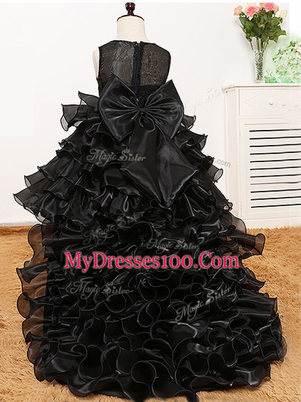 Black Zipper V-neck Beading and Ruffles and Bowknot Kids Pageant Dress Organza Sleeveless