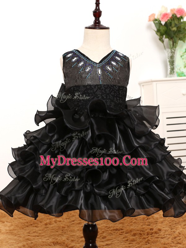 Black Zipper V-neck Beading and Ruffles and Bowknot Kids Pageant Dress Organza Sleeveless