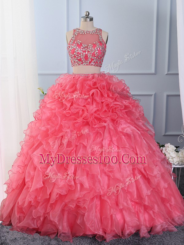 Comfortable Hot Pink Ball Gown Prom Dress Military Ball and Sweet 16 and Quinceanera with Beading and Ruffles Scoop Sleeveless Lace Up