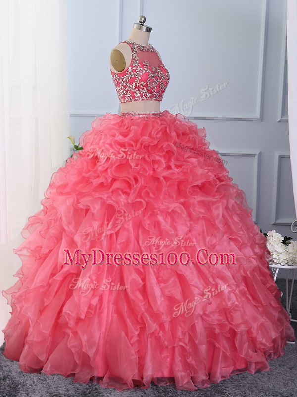 Comfortable Hot Pink Ball Gown Prom Dress Military Ball and Sweet 16 and Quinceanera with Beading and Ruffles Scoop Sleeveless Lace Up