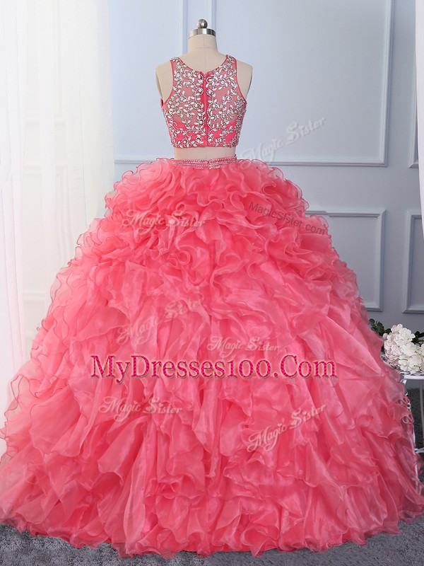 Comfortable Hot Pink Ball Gown Prom Dress Military Ball and Sweet 16 and Quinceanera with Beading and Ruffles Scoop Sleeveless Lace Up