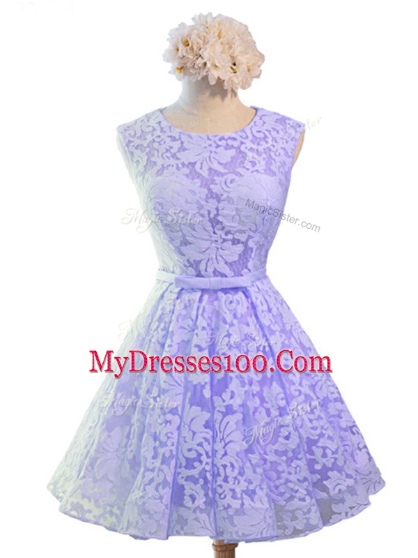 Fashionable Knee Length Lavender Wedding Party Dress Scoop Sleeveless Lace Up