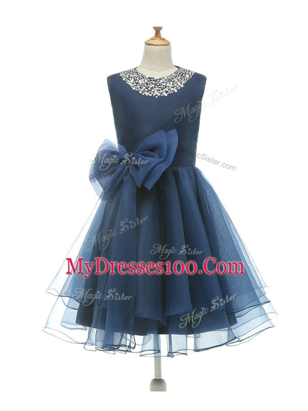 Pretty Beading and Bowknot Flower Girl Dresses Navy Blue Zipper Sleeveless Knee Length