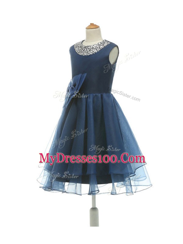 Pretty Beading and Bowknot Flower Girl Dresses Navy Blue Zipper Sleeveless Knee Length