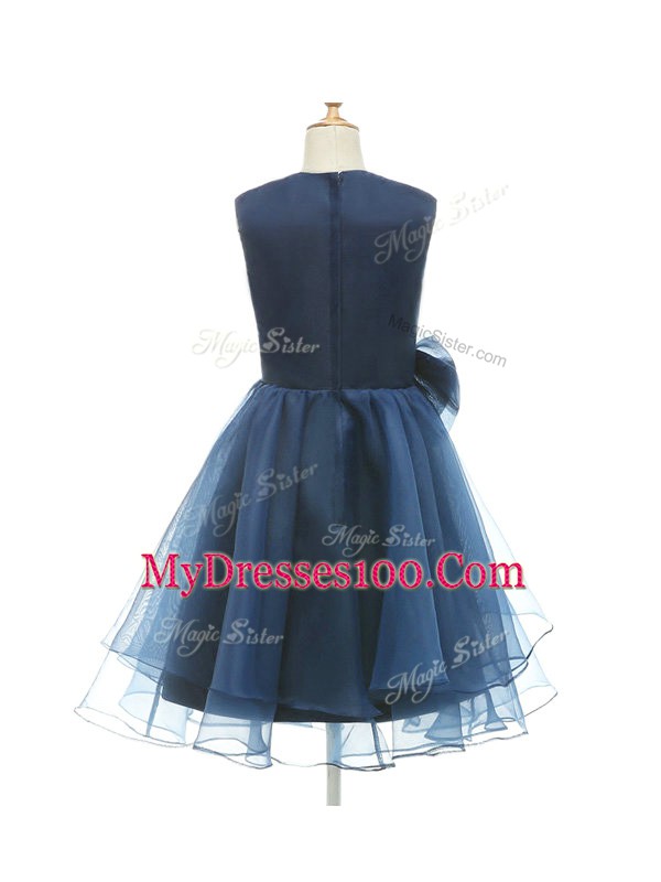 Pretty Beading and Bowknot Flower Girl Dresses Navy Blue Zipper Sleeveless Knee Length