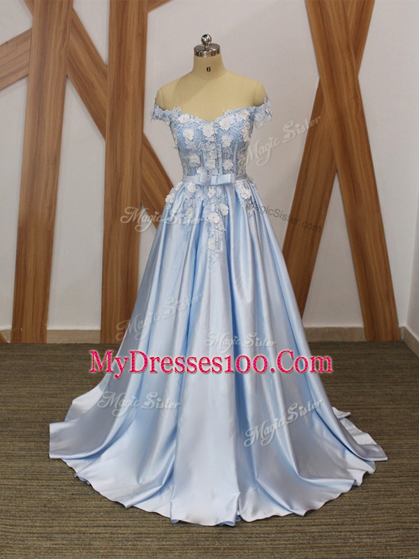 Graceful Light Blue Elastic Woven Satin Lace Up Off The Shoulder Sleeveless Floor Length Prom Party Dress Appliques and Belt