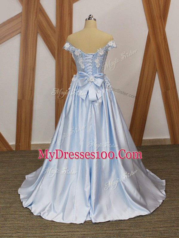 Graceful Light Blue Elastic Woven Satin Lace Up Off The Shoulder Sleeveless Floor Length Prom Party Dress Appliques and Belt