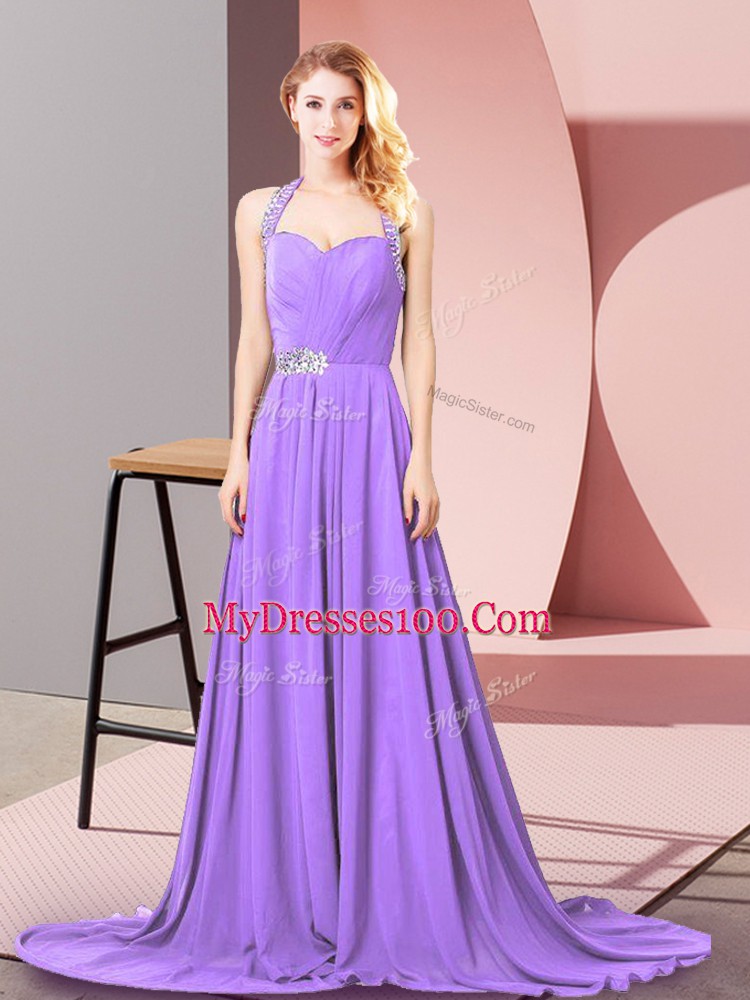 Lavender Zipper Teens Party Dress Beading and Ruching Sleeveless Brush Train