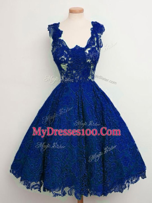 Knee Length Royal Blue Vestidos de Damas Straps Sleeveless Lace Up