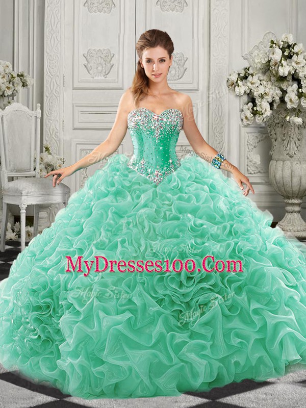 Beading and Ruffles 15 Quinceanera Dress Apple Green Lace Up Sleeveless Court Train